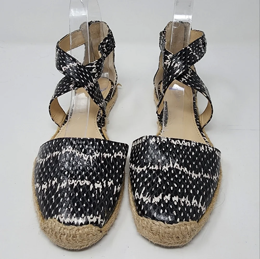 Calvin Klien SAM black‎ ivory printed ankle strap flat Espadrille 6